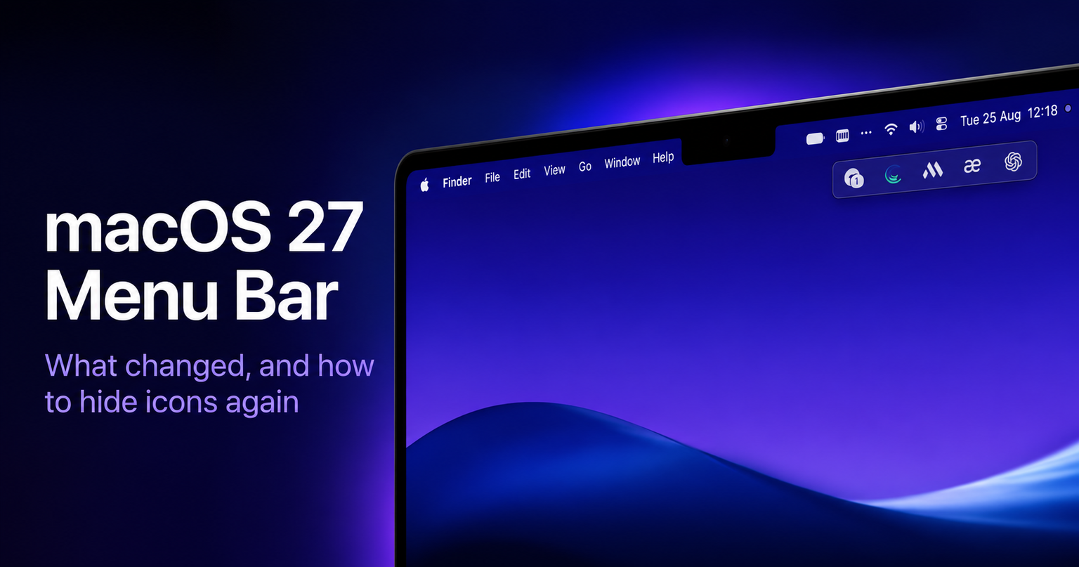 macOS 27 Golden Gate menu bar with the new overflow button next to the notch